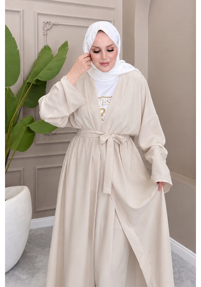 Balenbi Kadın Kuşaklı Kimono Hırka Bol Paça Pantolon Takım Tesettür 2'li Kombin 1230 Taş