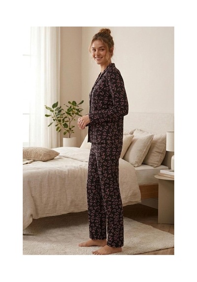 Fit Women Pembe Kalp Desenli Uzun Kollu Pijama Takımı 4602 -siyah