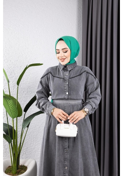 Harman Butik Kadın Düğmeli Kuşaklı Kot Tesettür Elbise Siyah Siyah