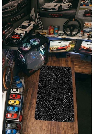 Siyah Beyaz Akışkan Kontur Deseni 40x90 Cm Oyuncu Mousepad Kaymaz Taban Büyük Boy Mousepad