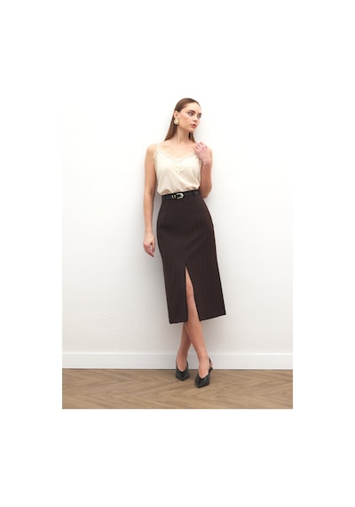 Sateen Anna Yırtmaçlı Etek - Kahve-137171 Kahve