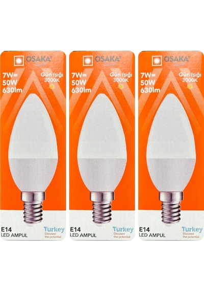 3 Adet Osaka 7w 50w Sarı Işık 3000k E14 Duylu İnce Duy Led Mum Ampul