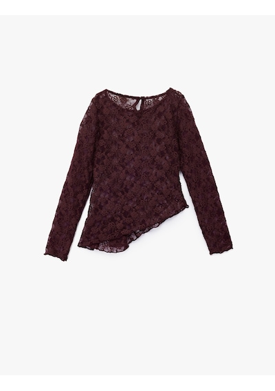 Koton Uzun Kollu Bisiklet Yaka Asimetrik Kesim Dantel Bluz Bordo 6wkg60113ak Bordo