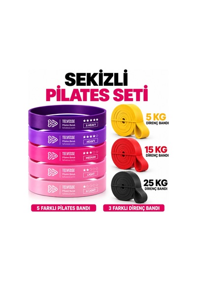 Pilates Direnç Bandı Seti Pembe Mor Mini Loop Uzun Egzersiz 8 Parça Çok Renkli