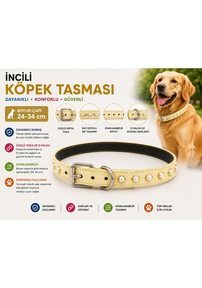 İncili Köpek Boyun Tasması 24-34 Cm Küçük Irk Ayarlanabilir Metal Tokalı D Halkalı - Krem Çok Renkli
