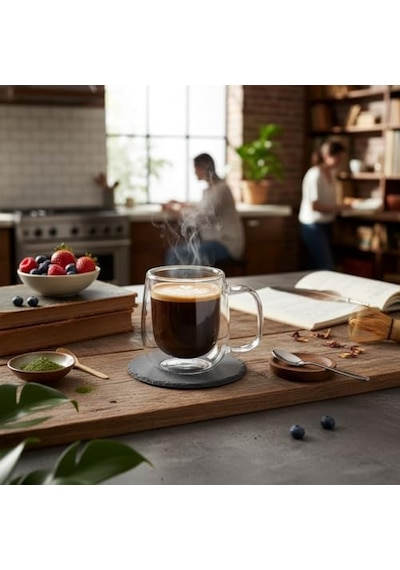 Çift Cidarlı Double Wall Kulplu Cam Kupa - 250 Ml Isıya Dayanıklı Borosilikat Çay Ve Kahve Kupası - El Yakmayan Modern Tasarım Mug Aeropress