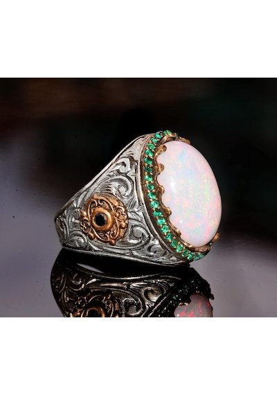 Gerçek Doğal Avustralya Opal Taş Yüzük, 7.55 Karat, Erkekler İçin Kral Yüzük, 925 Ayar Katı Gümüş Yüzük Gümüş