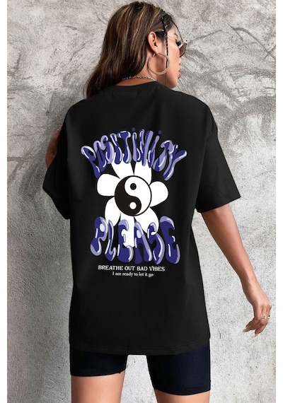 Unisex Positivity Tasarım Kısa Kol Tshirt SIYAH