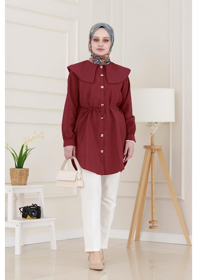 Sevitli Beli Bağcık Detaylı Geniş Yaka Tunik-bordo-4989 Bordo