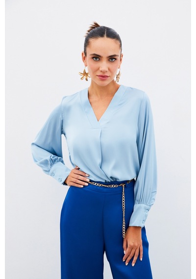Sateen V Yaka Saten Bluz - Bebe Mavi-134904 Bebe Mavi