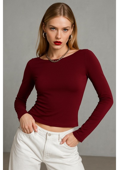 Wild Bee Kadın Bordo Kayık Yaka Uzun Kollu Bluz