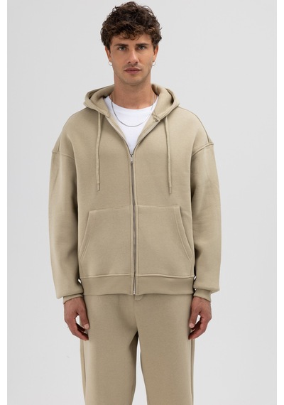 Vamos Basic Fermuarlı Oversize Kapüşonlu Sweatshirt Haki