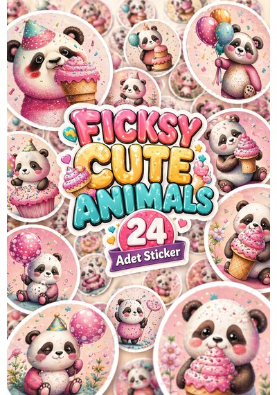 Sevimli Pembe Panda Doğum Günü Temalı Sticker Seti - 24 Adet Yuvarlak Etiket Çıkartma Diğer