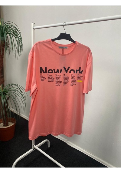 Kadın Bisiklet Yaka Oversize Kalıp New York Baskılı Tişort Spr24tsk112 Pembe
