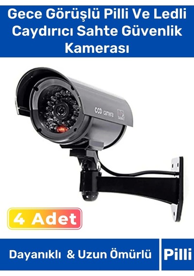 Özel Ev Apartman Bahçe İş Yeri Gece Görüşlü Pilli Ledli Caydırıcı Sahte Güvenlik Kamerası 4'lü Set