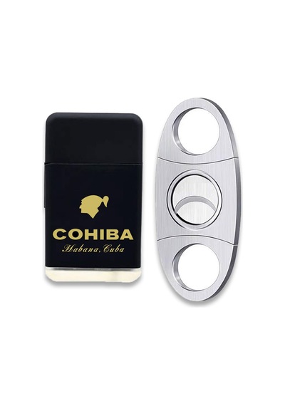Cohiba Plastik Jet Alev Puro Çakmağı Metal Kesici Seti Siyah