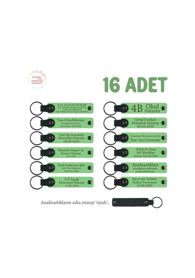Anaokulu Yıl Sonu Hediyesi, 16'lı Set, Öğrenci İsmi Yazılı Öğretmene Özel Anahtarlık, F Yeşil & Syh