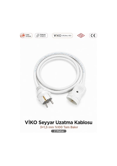 Viko Seyyar Uzatma Kablosu 2m 2 Metre 3x1.5 Mm %100 Bakır Öznur Kablo Viko Erkek Dişi Fiş Klemens Terminalli Topraklı Tse Ce Belgeli 2 M