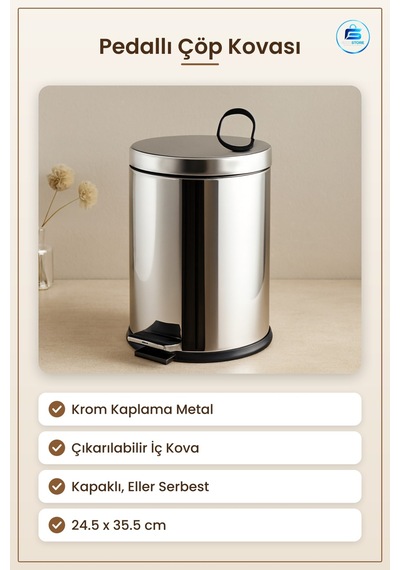 Pedallı Çöp Kovası 12 L Krom Metal 24.5 X 35.5 Cm Kapaklı Mutfak