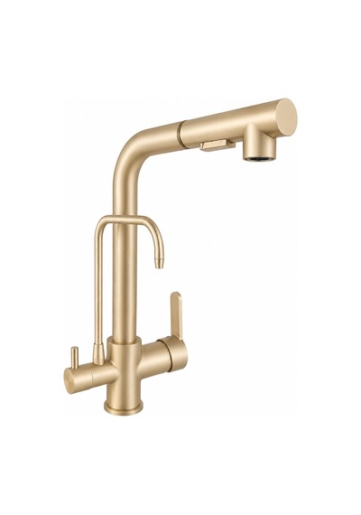 Rena Design Mat Gold Aritmali Spiralli 2 Modlu Başlik L Boru Mutfak Evye Bataryasi Altin Prinç Armatür Musluk