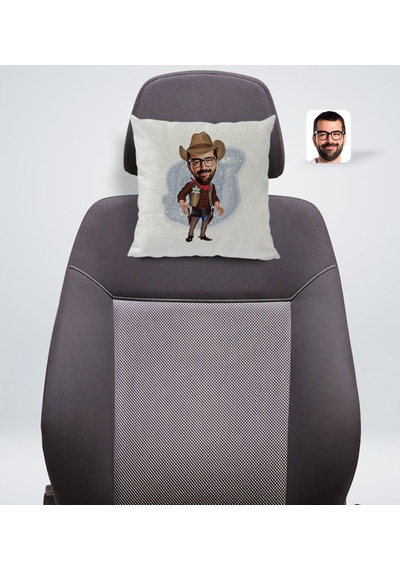 Bk Gift Kişiye Özel Kovboy Karikatürlü Kare Araç Koltuk Yastığı-1 Çok Renkli