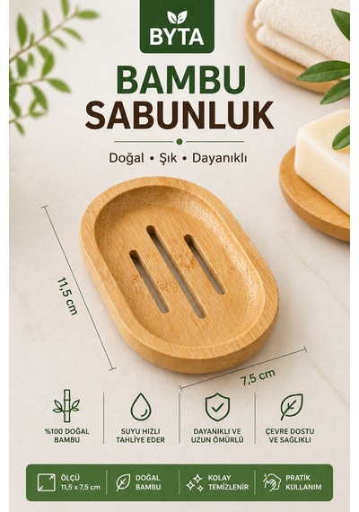 Bambu Sabunluk Doğal, Su Tahliyeli, Dayanıklı Sabun Tabağı 11,5 X 7,5 Cm Krem