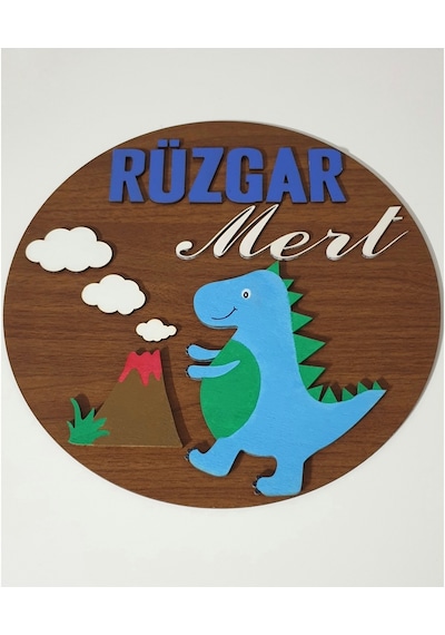 Hdrlazerdizayn Dinozor Detaylı Ahşap Kapı Süsü Çok Renkli