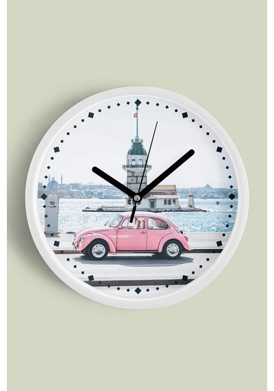 Kız Kulesi Ve Pembe Vosvos Modern Duvar Saati - 25cm - Önü Camlı Beyaz Kasa - Sessiz Mekanizma-jh0875 Beyaz