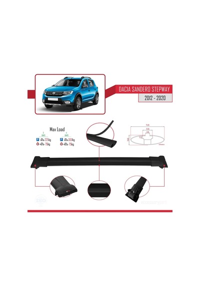 Dacia Sandero Stepway 2012-2020 Arası İle Uyumlu Fly Model Ara Atkı Tavan Barı Siyah 3 Adet Bar