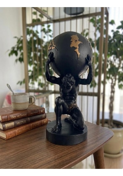 Modern Dekoratif Biblo Siyah Gold Detay Atlas Dünyayı Sırtında Taşıyan Adam Heykeli, Salon Konsol & Sehpa Üst Diğer