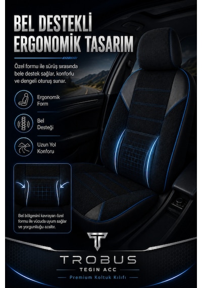 Nova Serisi Tay Tüyü Bel Destekli Siyah Mavi Premium Üniversal Koltuk Kılıfı Tam Set