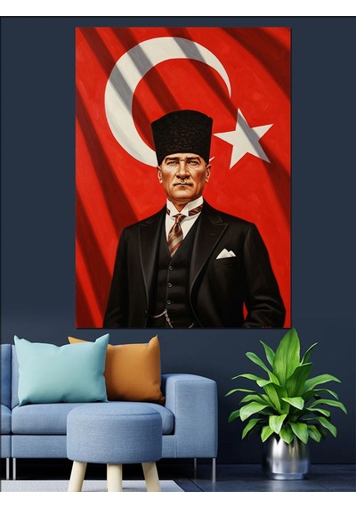 Ahşap Tablo Bayrak Önünde Atatürk Resmi