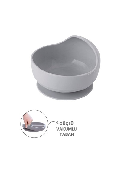 Silicolife Eğimli Mama Kasesi, Vakum Tabanlı Bebek Çocuk Eğimli Mama Tabağı - 2 Mama Kaşığı Hediyeli Gri