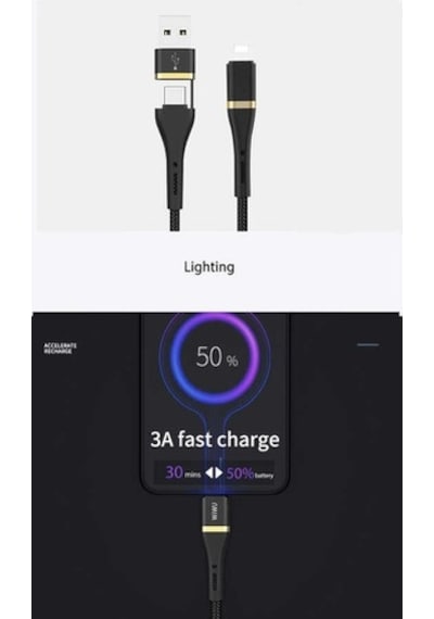 Wiwu Ed-105 2 In 1 Usb A- Type-C To Lightning Elite Data Cable (500161623)-Siyah