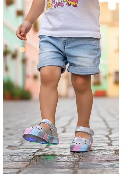 Kiko Kids Gilan Cırtlı Işıklı Kız Bebek Babet Ayakkabı Gümüş