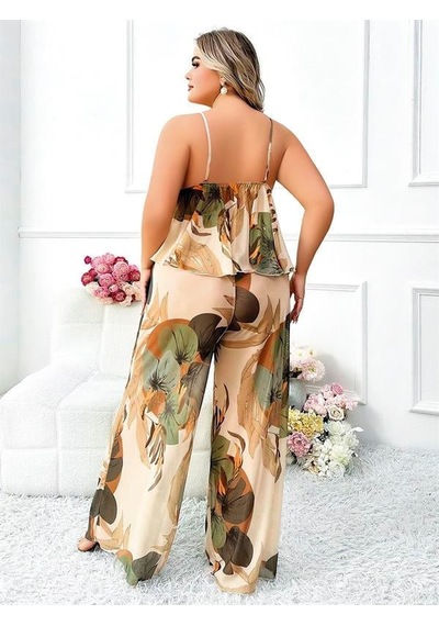 Majeur Closet Özel Tasarım Büyük Beden Çiçek Desenli İnce Askılı 2'li Pijama Takımı Görsel
