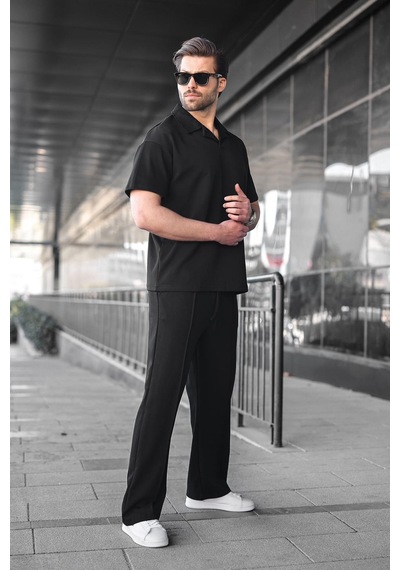 Madmext Siyah Polo Yaka Erkek Alt Üst Takım E7356 Siyah