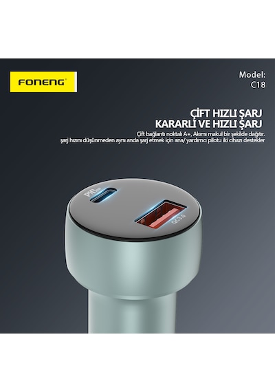 Foneng C18 48W 1xUsb 1xType-C Giriş Dijital Göstergeli Araç içi Çakmaklık Şarj Aleti