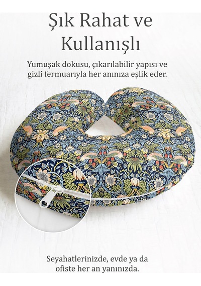 Kuş Ve Çiçek Desenli Ergonomik Boyun Yastığı - Vintage Lacivert Sarı Yumuşak Seyahat Yastığı Tozlu Toprak Deniz Mavisi
