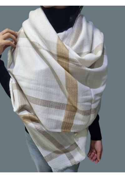 Tezzgelsin Kadın Yumuşak Yün Dokulu Desenli Omuz Şalı Atkı Bej Camel