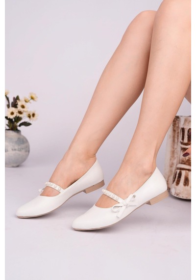 Nesilshoes Nesil Shoes Ceylan 360 Beyaz İnci Detaylı Kadın Babet