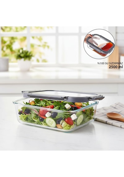 1 Adet 2500 Ml Borosilikat Cam Saklama Kabı - 4 Klipsli Kilitli Bambu Kapaklı Sızdırmaz Vakumlu Diğer