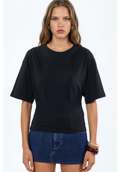 Hiccup Busem Women S Cotton Ribbed Crew Neck Blouse Siyah