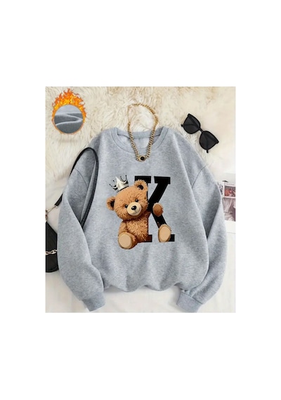 Herkesemoda Kral Ayıcık Baskı Desen Detaylı Bisiklet Yaka Sweatshirt Gri