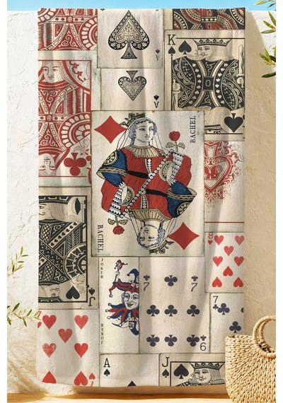 Poker Kartı Temalı Vintage Plaj Havlusu - Retro Oyun Konseptli Krem Kırmızı Mikrofiber Havlu Sakin Tozu