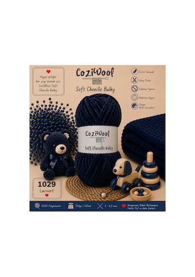 Kadife İp Soft Chenille Bulky 5'li Paket 5x100 Gr 120 Mt El Örgü İpi Lacivert - 875823131
