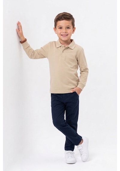 Nacar Store Unisex Çocuk Uzun Kollu Polo Yaka Lakost Okul Tişörtü Bej