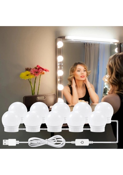 Biishe Nostalji Hollywood Tarzı 10lu Makyaj Masası Aynası Beyaz Led Işıklı Lamba Usb Renkli
