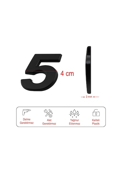 Yapışkanlı Kapı Numarası Küçük Boy 50 Mm 5 Cm Numara 5 Rakam Beş Sayısı Siyah Renk Numaralar 1 Adet Diğer