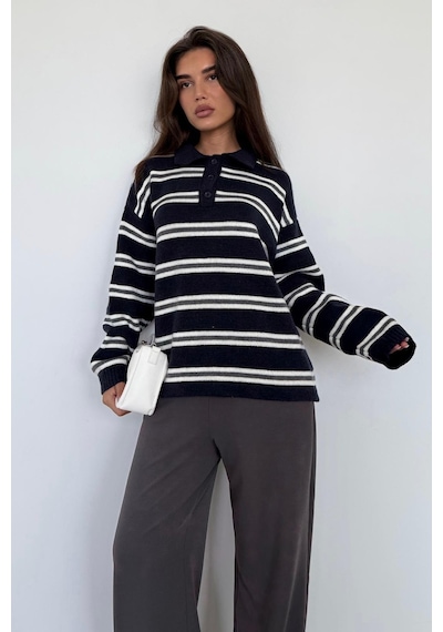Madmext Lacivert Polo Yaka Çizgili Kadın Triko Kazak Mg2469 Lacivert
